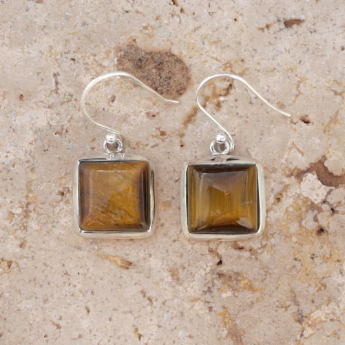 Boucles d'oreilles carrées Oeil de tigre et argent