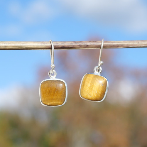 Boucles d'oreilles carrées Oeil de tigre et argent