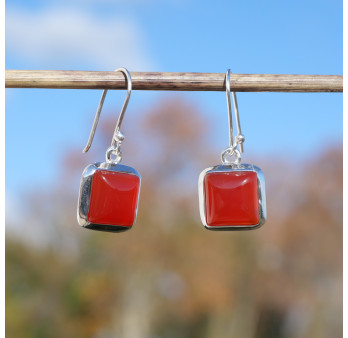 Petites boucles d'oreilles carrées Cornaline et argent