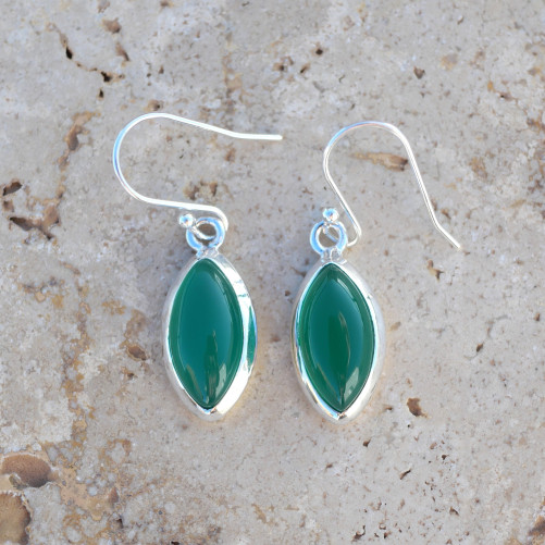 Boucles d'oreilles navettes Agate verte et argent