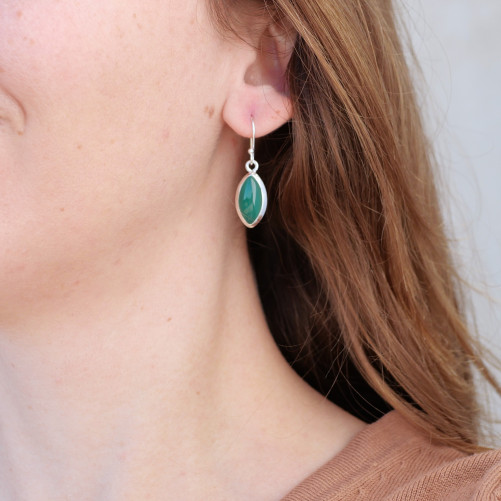 Boucles d'oreilles navettes Agate verte et argent