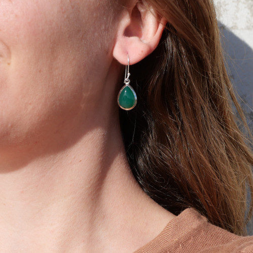 Boucles d'oreilles gouttes Agate verte et argent