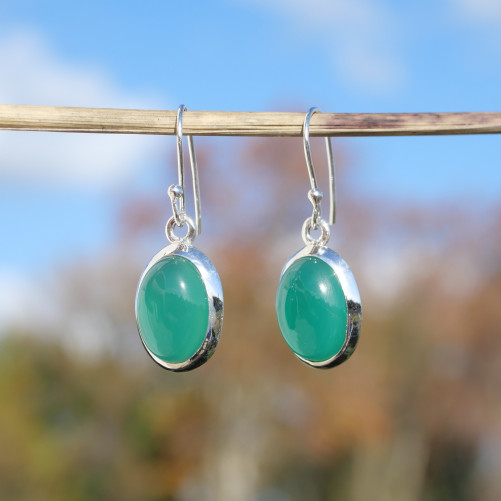 Boucles d'oreilles ovales Agate verte et argent