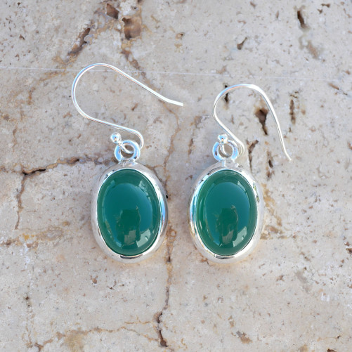 Boucles d'oreilles ovales Agate verte et argent
