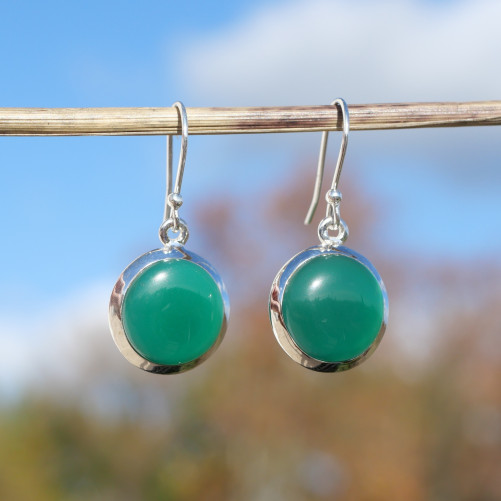Boucles d'oreilles rondes Agate verte et argent