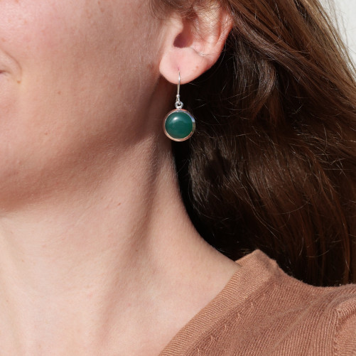 Boucles d'oreilles rondes Agate verte et argent