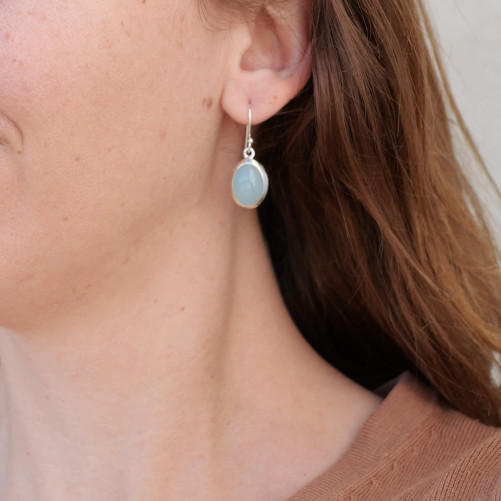 Boucles d'oreilles ovales pierre Calcédoine et argent