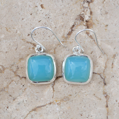 Boucles d'oreilles carrées pierre Calcédoine et argent