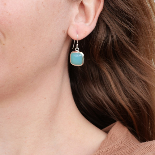 Boucles d'oreilles carrées pierre Calcédoine et argent