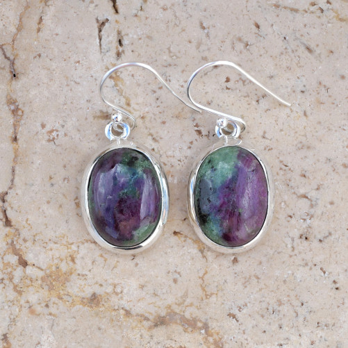 Boucles d'oreilles ovales pierre Rubis sur Zoisite et argent