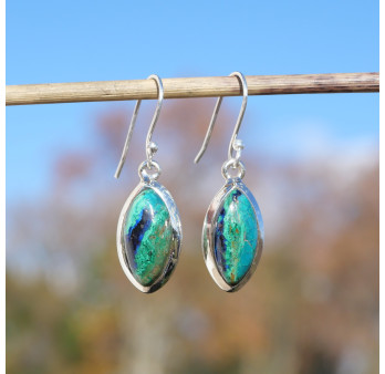 Boucles d'oreilles navettes pierre Chrysocolle Malachite et argent