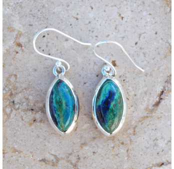 Boucles d'oreilles navettes pierre Chrysocolle Malachite et argent