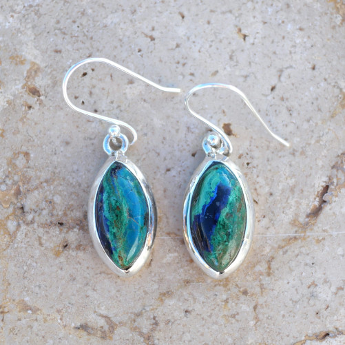Boucles d'oreilles navettes pierre Chrysocolle Malachite et argent