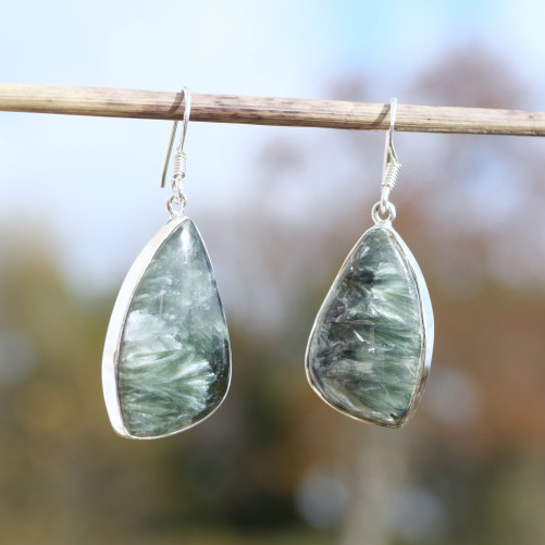 Grandes boucles d'oreilles pierre Séraphinite et argent