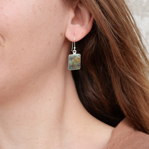 Boucles d'oreilles rectangulaires argent et pierre Opaline