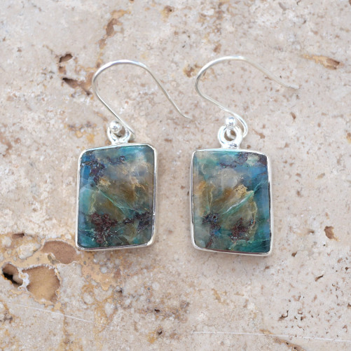 Boucles d'oreilles rectangulaires argent et pierre Opaline