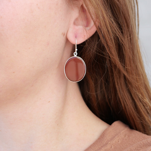 Grandes boucles ovales argent et pierre Cornaline