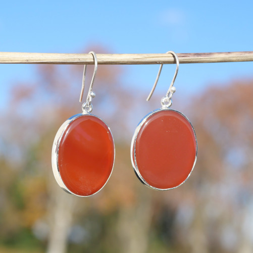 Grandes boucles ovales argent et pierre Cornaline