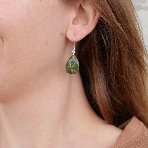 Boucles d'oreilles gouttes pierre Atlantisite et argent