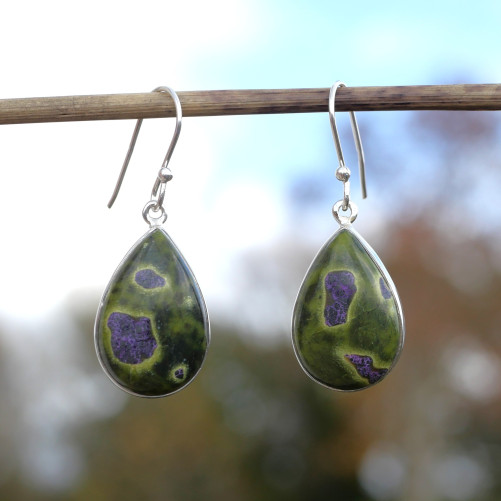Boucles d'oreilles gouttes pierre Atlantisite et argent