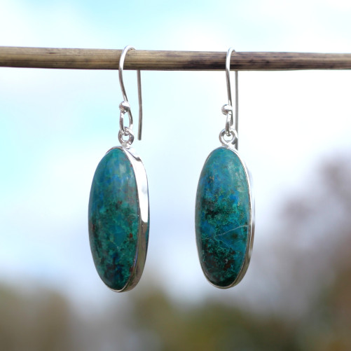 Boucles d'oreilles oblongues pierre Chrysocolle et argent