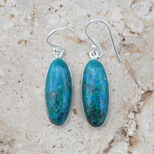 Boucles d'oreilles oblongues pierre Chrysocolle et argent