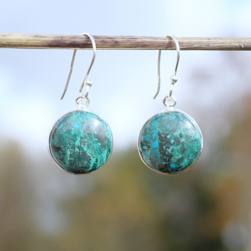 Boucles d'oreilles rondes pierre Chrysocolle et argent