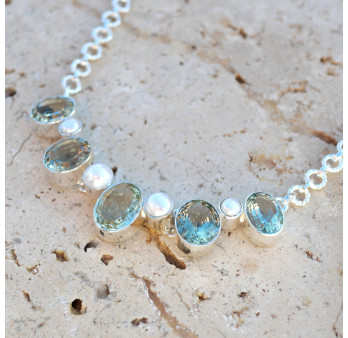 Collier souple en argent strié 5 pierres Prasiolite et Perles