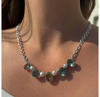Collier souple en argent strié 5 pierres Prasiolite et Perles