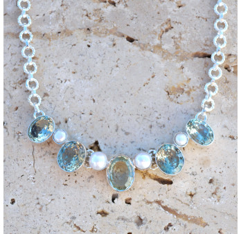 Collier souple en argent strié 5 pierres Prasiolite et Perles