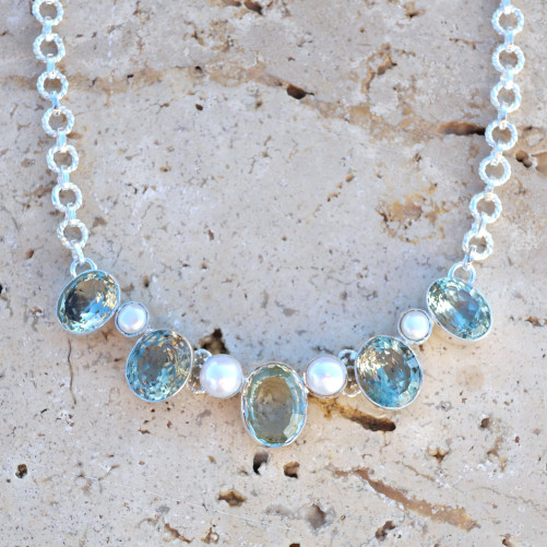 Collier souple en argent strié 5 pierres Prasiolite et Perles
