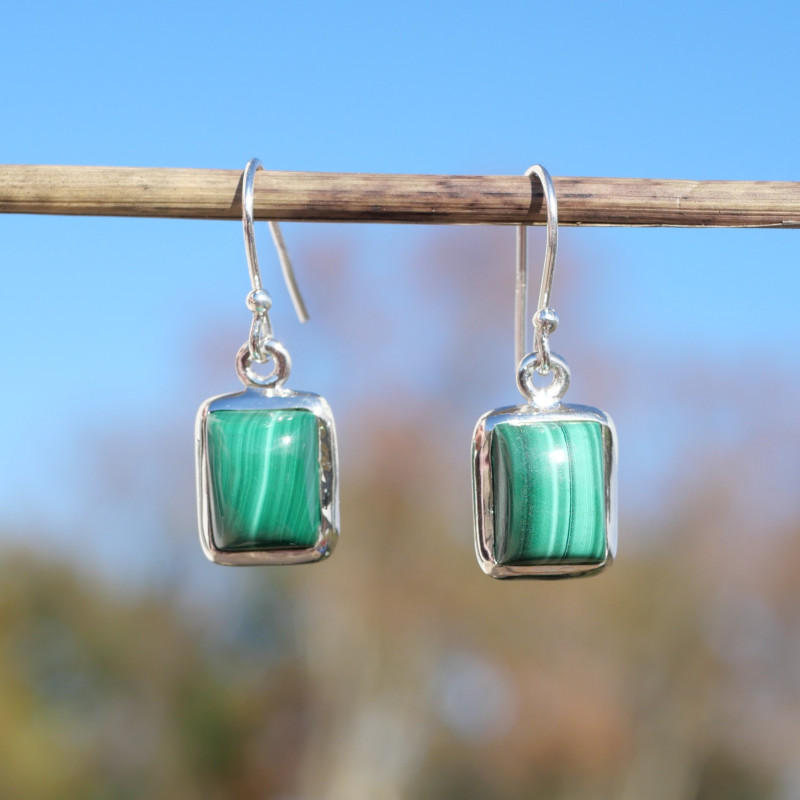Petites boucles d'oreilles rectangles Malachite et argent Petites boucles d'oreilles rectangles Malachite et argent