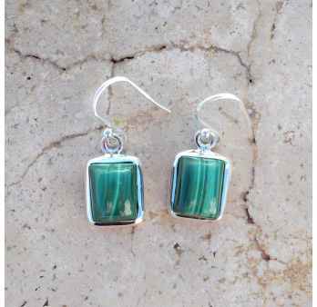 Petites boucles d'oreilles rectangles Malachite et argent