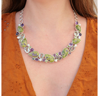 Collier plastron argent 39 pierres Atlantisite Améthyste Prasiolite