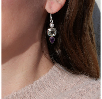 Boucles d'oreilles argent 3 pierres Prasiolite Améthyste et Perle