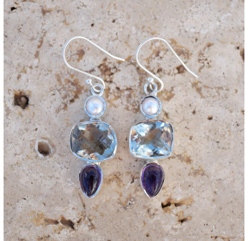 Boucles d'oreilles argent 3 pierres Prasiolite Améthyste et Perle