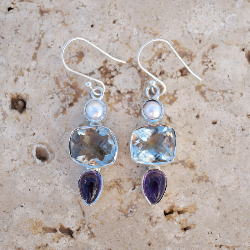 Boucles d'oreilles argent 3 pierres Prasiolite Améthyste et Perle