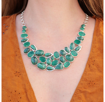 Collier plastron argent 31 pierres Malachite et Agate verte
