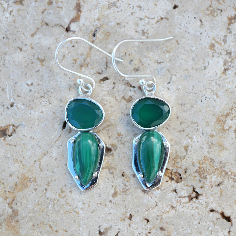 Boucles d'oreilles argent 2 pierres Malachite et Agate verte Boucles d'oreilles argent 2 pierres Malachite et Agate verte