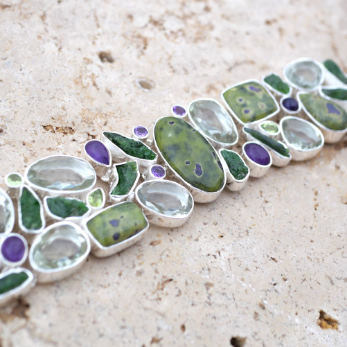 Bracelet manchette argent et 34 pierres Atlantisite Améthyste Prasiolite Tourmaline