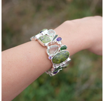 Bracelet manchette argent et 34 pierres Atlantisite Améthyste Prasiolite Tourmaline