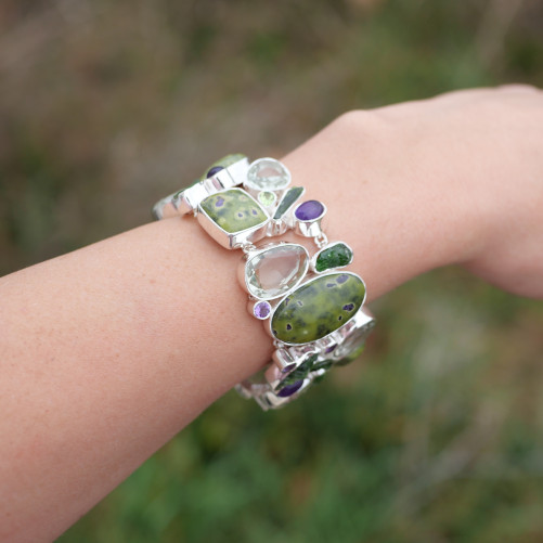 Bracelet manchette argent et 34 pierres Atlantisite Améthyste Prasiolite Tourmaline
