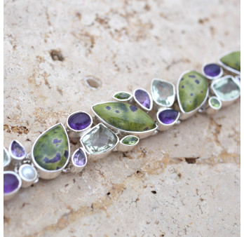Bracelet argent et 25 pierres Atlantisite Améthyste Prasiolite Péridot