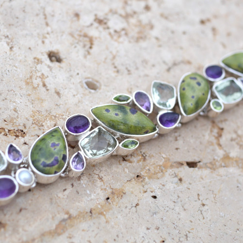 Bracelet argent et 25 pierres Atlantisite Améthyste Prasiolite Péridot