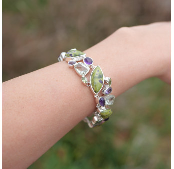 Bracelet argent et 25 pierres Atlantisite Améthyste Prasiolite Péridot