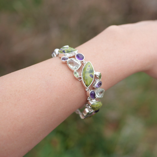 Bracelet argent et 25 pierres Atlantisite Améthyste Prasiolite Péridot