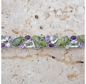 Bracelet argent et 25 pierres Atlantisite Améthyste Prasiolite Péridot