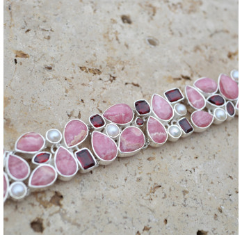 Bracelet manchette argent et 44 pierres Rhodochrosite Grenat et Perles