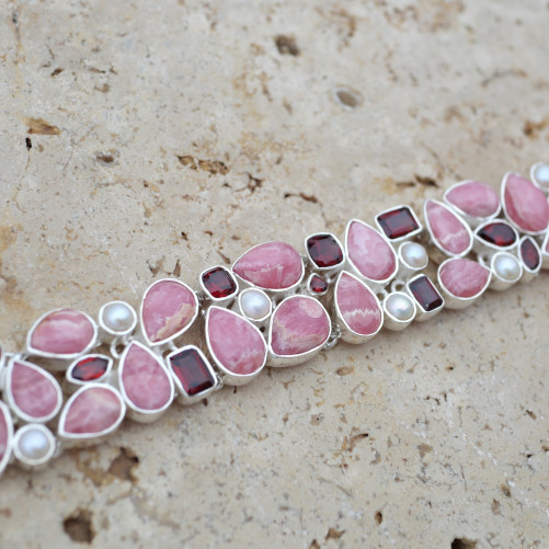 Bracelet manchette argent et 44 pierres Rhodochrosite Grenat et Perles