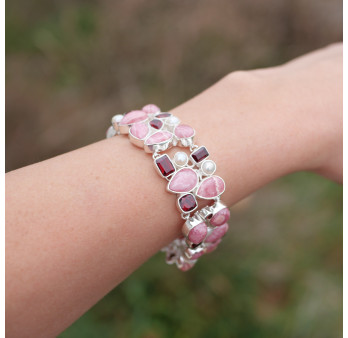 Bracelet manchette argent et 44 pierres Rhodochrosite Grenat et Perles